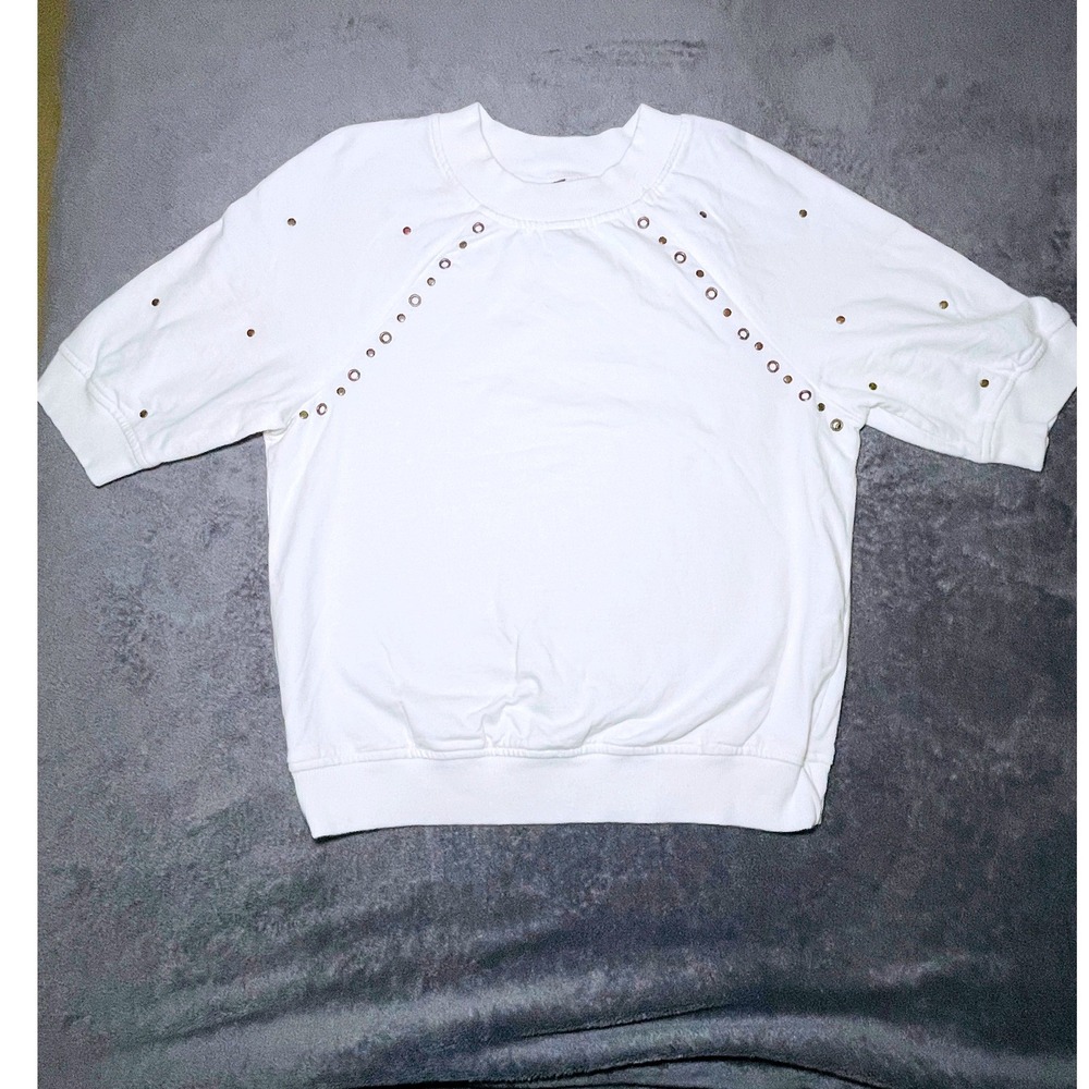 Anthropologie Sweatshirt Women Small White Short Sleeve Studded Grommet Crewneck